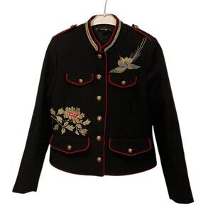 Zara Black Embroidered Military Utility Jacket with Red Trim